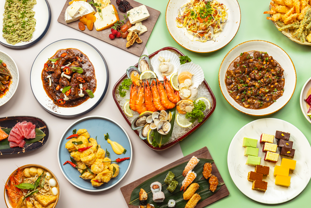 Plate buffet spread japanese seafood asian international cuisine