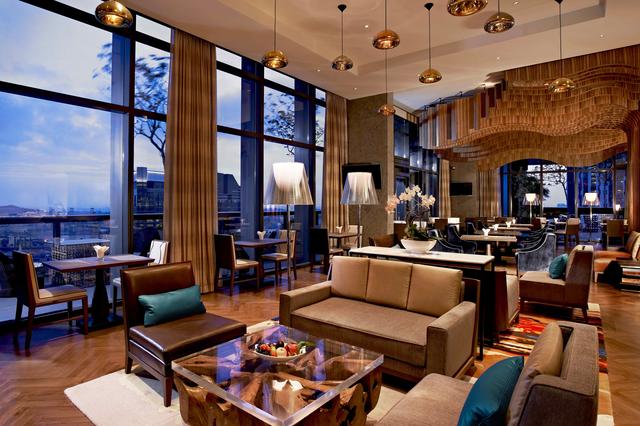 hotel club lounge with Singapore skyline view
